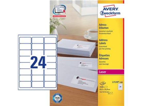 Adressetiketten, Avery Zweckform L7159-100, 63,5 x 33,9 mm weiß, selbstklebend, Laser, Pack 2400 Stk/100 Blatt