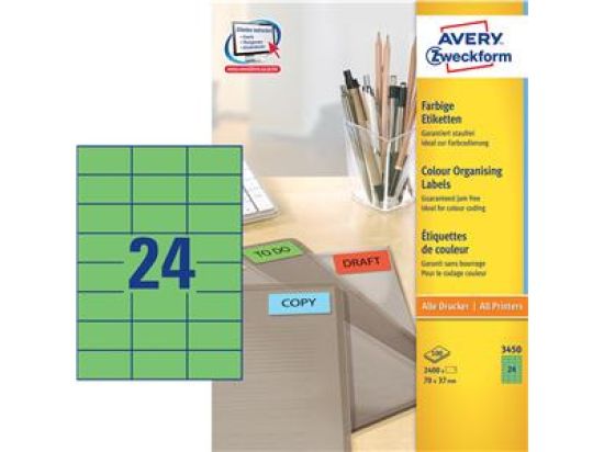 Etiketten Avery Zweckform 3450 70 x 37 mm selbstklebend, grün, Inkjet Laser Kopierer, Pack 2400 Stk/100 Blatt
