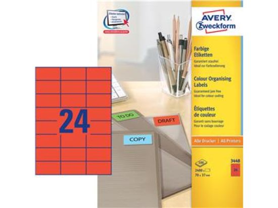 Etiketten Avery Zweckform 3448 70 x 37 mm selbstklebend, rot, Inkjet Laser Kopierer, Pack 2400 Stk/100 Blatt