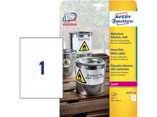 Etiketten Avery Zweckform L4775-20 210 x 297 mm Folie, wetterfest, reißfest, selbstklebend, weiß, Laser, Pack 20 Stk/20 Blatt