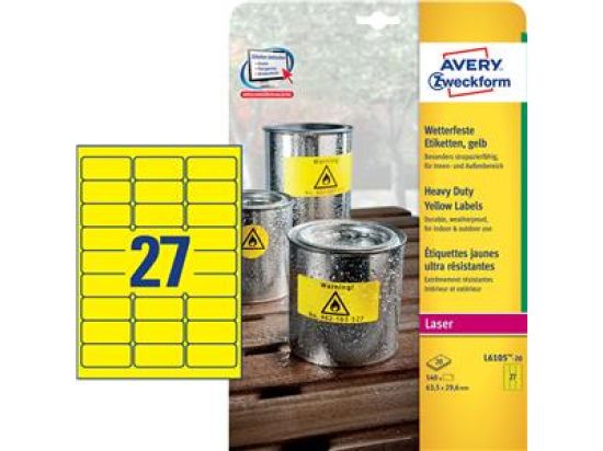 Etiketten Avery Zweckform L6105-20 63,5 x 29,6 mm, Folie, wetterfest, selbstklebend, gelb, Laser, Pack 540 Stk/20 Blatt