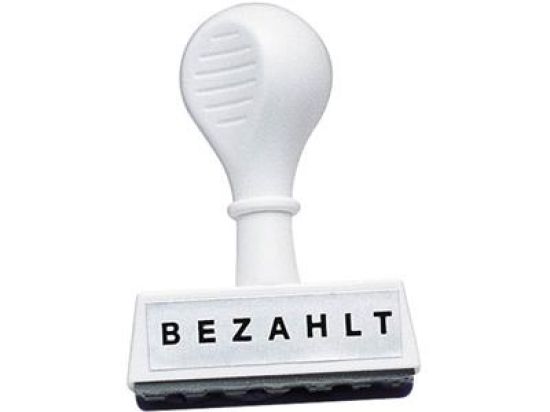 Textstempel Wedo 1939 193 9 Text: "BEZAHLT", Kunststoff, weiß