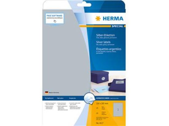 Silber-Etiketten Herma 4117 Special 210 x 297 mm Folie, hochglänzend, selbstklebend, silber, Laser Kopierer, Pack 25 Stk/25 Blatt