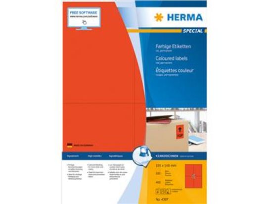 Etiketten Herma 4397 Special 105 x 148 mm selbstklebend, rot, Inkjet Laser Kopierer, Pack 400 Stk/100 Blatt