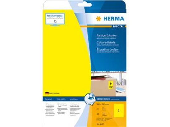 Etiketten Herma 4421 Special 210 x 297 mm A4 selbstklebend ablösbar, gelb, Inkjet Laser Kopierer, Pack 20 Stk/20 Blatt