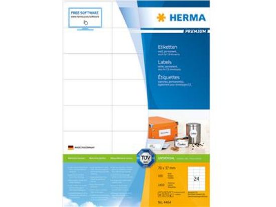 Etiketten Herma 4464 Premium 70 x 37 mm weiß, selbstklebend, Inkjet Laser Kopierer, Pack 2400 Stk/100 Blatt