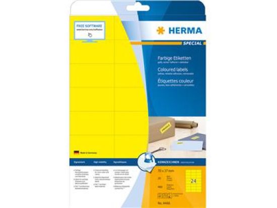 Etiketten Herma 4466 Special 70 x 37 mm selbstklebend ablösbar, gelb, Inkjet Laser Kopierer, Pack 480 Stk/20 Blatt