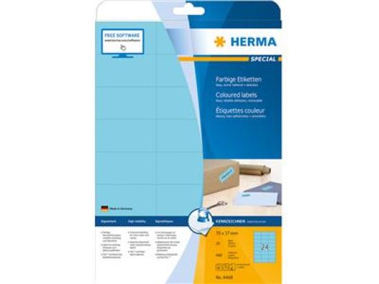 Etiketten Herma 4468 Special 70 x 37 mm selbstklebend ablösbar, blau, Inkjet Laser Kopierer, Pack 480 Stk/20 Blatt