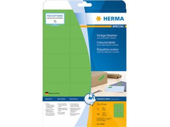 Etiketten Herma 4469 Special 70 x 37 mm selbstklebend ablösbar, grün, Inkjet Laser Kopierer, Pack 480 Stk/20 Blatt