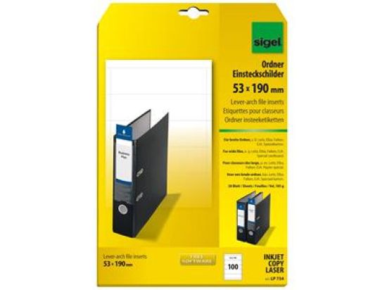 Ordner-Rückenschild Sigel LP734 kurz/breit, Spezialkarton 185g, zum Einstecken, blanko, weiß, Pack 100 Stk/20 Blatt