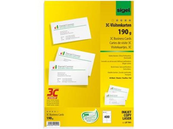 Visitenkarten Sigel LP791 85x55mm, 190g, weiß, Pack 400 Stk