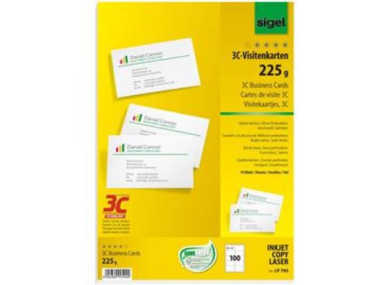Visitenkarten Sigel LP795 85x55mm, 225g, weiß, Pack 100 Stk