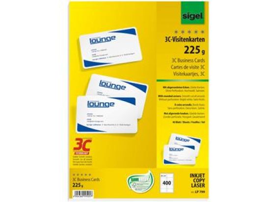 3C-Visitenkarten Sigel LP799 85 x 55 mm, Karton 225g, glatte Kanten, ohne Perforation, weiß, Inkjet Laser Kopierer, Pack 400 Stk/40 Blatt
