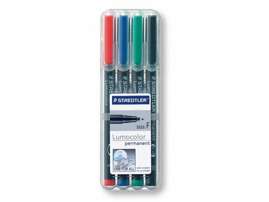 Universalstift, Staedtler 318WP4 (318 WP4), Lumocolor permanent F, 4er-Etui, Schreibfarben: je 1x schwarz, rot, blau, grün