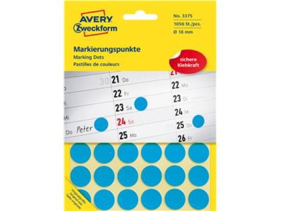 Markierungspunkte Avery Zweckform 3375 Ø 18mm rund, selbstklebend, blau, Pack 1056 Stk/22 Blatt