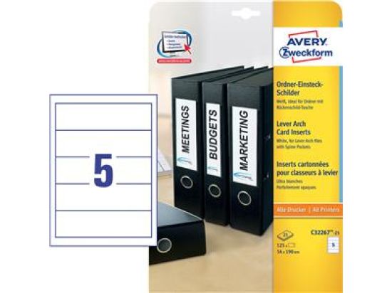 Ordner-Rückenschild Avery Zweckform C32267-25 kurz/breit, Karton, zum Einstecken, blanko, weiß, Pack 125 Stk/25 Blatt
