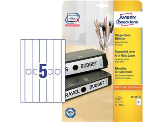 Ordner-Rückenschild Etiketten, Avery Zweckform L4756-25, Hängeordner/schmal, selbstklebend, blanko, weiß, Inkjet Laser Kopierer, Pack 125 Stk/25 Blatt