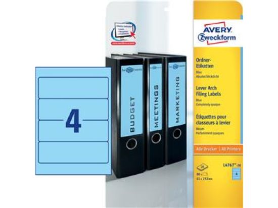Ordner-Rückenschild Etiketten Avery Zweckform L4767-20 kurz/breit, selbstklebend, blanko, blau, Inkjet Laser Kopierer, Pack 80 Stk/20 Blatt