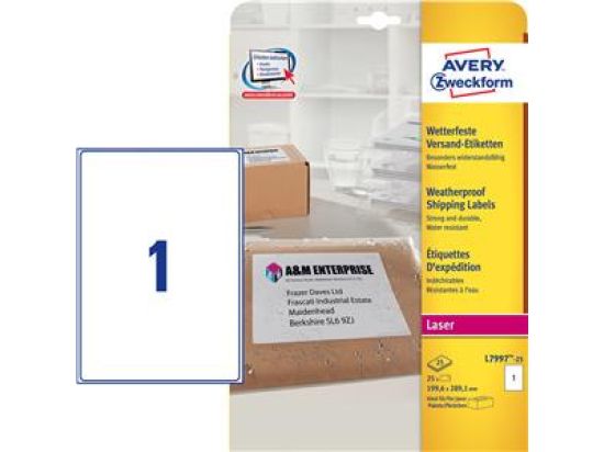 Versand-Etiketten Avery Zweckform L7997-25 199,6 x 289,1 mm Folie, weiß, selbstklebend, wetterfest, wasserfest, Laser, Pack 25 Stk/25 Blatt