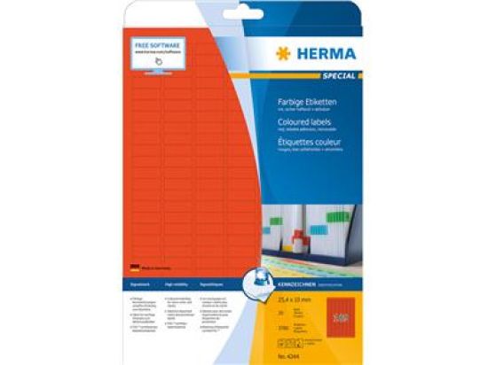 Etiketten Herma 4244 Special 25,4 x 10 mm selbstklebend ablösbar, rot, Inkjet Laser Kopierer, Pack 3780 Stk/20 Blatt