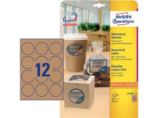 Etiketten Avery Zweckform L7106-25 Ø 60 mm rund, naturbraun, selbstklebend, ablösbar, Inkjet Laser Kopierer, Pack 300 Stk/25 Blatt