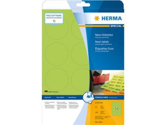 Etiketten Herma 5155 Special Ø 60 mm rund selbstklebend, neon-grün, Inkjet Laser Kopierer, Pack 240 Stk/20 Blatt
