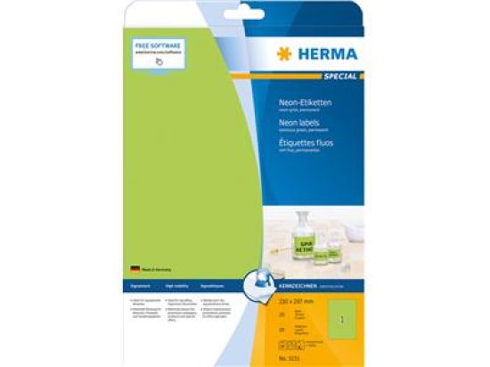 Etiketten Herma 5151 Special 210 x 297 mm selbstklebend, neon-grün, Inkjet Laser Kopierer, Pack 20 Stk/20 Blatt