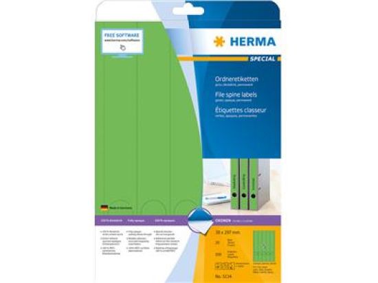 Ordner-Rückenschild Etiketten Herma 5134 Special lang/schmal, matt, selbstklebend, blanko, grün, Inkjet Laser Kopierer, Pack 100 Stk/20 Blatt