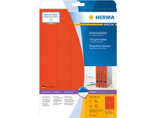 Ordner-Rückenschild Etiketten Herma 5132 Special lang/schmal, matt, selbstklebend, blanko, rot, Inkjet Laser Kopierer, Pack 100 Stk/20 Blatt