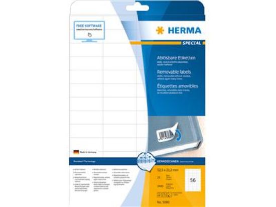 Etiketten Herma 5080 Special 52,5 x 21,2 mm selbstklebend, wiederablösbar, weiß, Inkjet Laser Kopierer, Pack 1400 Stk/25 Blatt
