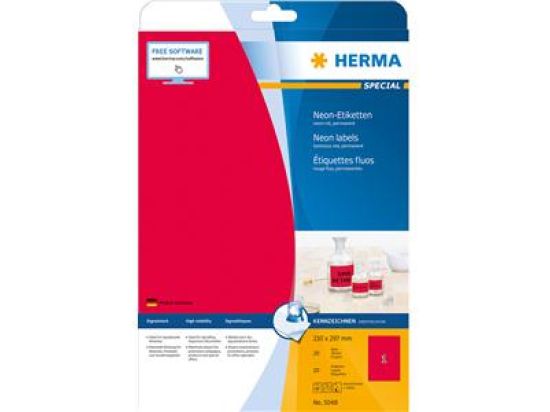 Etiketten Herma 5048 Special 210 x 297 mm selbstklebend, neon-rot, Inkjet Laser Kopierer, Pack 20 Stk/20 Blatt