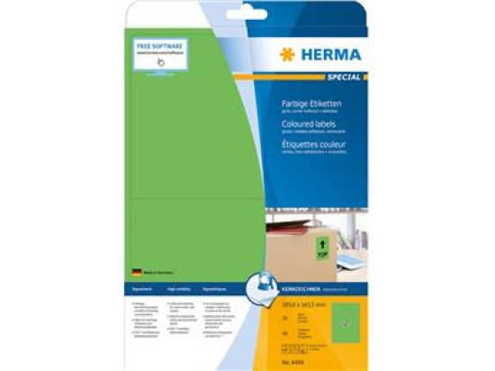 Etiketten Herma 4499 Special 199,6 x 143,5 mm selbstklebend ablösbar, grün, Inkjet Laser Kopierer, Pack 40 Stk/20 Blatt
