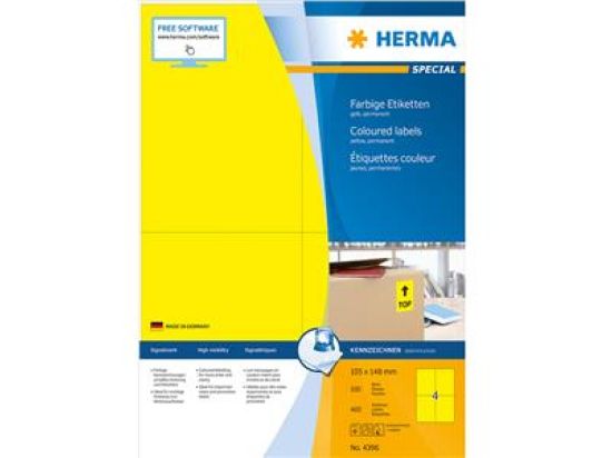 Etiketten Herma 4396 Special 105 x 148 mm selbstklebend, gelb, Inkjet Laser Kopierer, Pack 400 Stk/100 Blatt