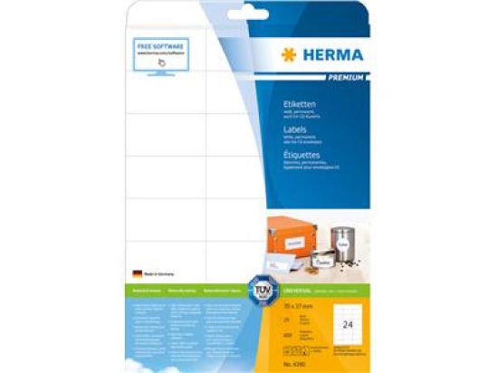 Etiketten Herma 4390 Premium 70 x 37 mm selbstklebend, weiß, Inkjet Laser Kopierer, Pack 600 Stk/25 Blatt