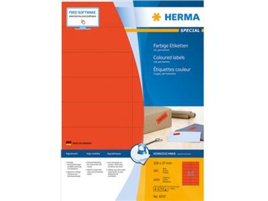 Etiketten Herma 4257 Special 105 x 37 mm selbstklebend, rot, Inkjet Laser Kopierer, Pack 1600 Stk/100 Blatt