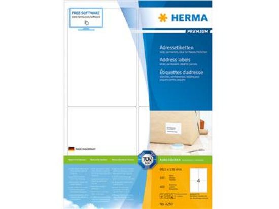 Adressetiketten, Herma 4250, Premium, 99,1 x 139 mm selbstklebend, weiß, Inkjet Laser Kopierer, Pack 400 Stk/100 Blatt