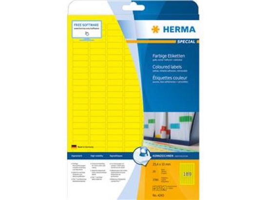 Etiketten Herma 4243 Special 25,4 x 10 mm selbstklebend ablösbar, gelb, Inkjet Laser Kopierer, Pack 3780 Stk/20 Blatt