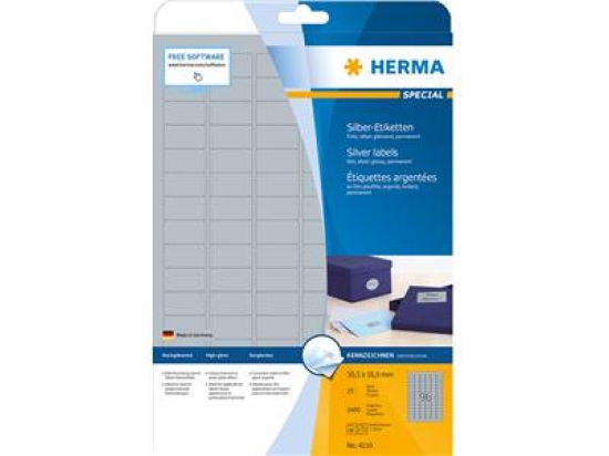 Silber-Etiketten Herma 4110 Special 30,5 x 16,9 mm Folie, selbstklebend, silber, glänzend, Laser, Pack 2400 Stk/25 Blatt