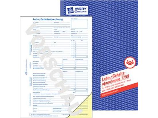 Lohnabrechnung Avery Zweckform 1759 A4 2 x 40 Blatt selbstdurchschreibend SD