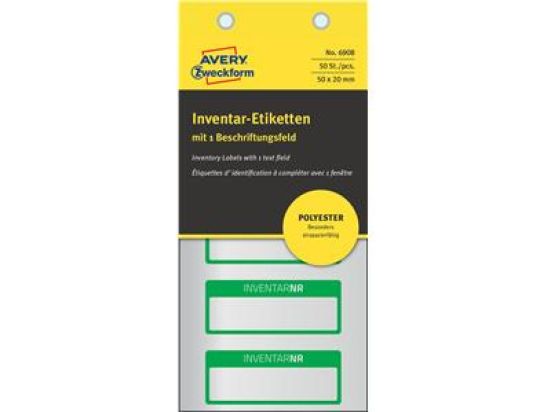 Inventar-Etiketten Avery Zweckform 6908 50 x 20 mm, Folie, grün/silber, Handbeschriftung, Pack 50 Stk/10 Blatt