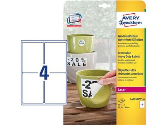 Etiketten Avery Zweckform L4774REV-20 99,1 x 139 mm weiß wetterfest wiederablösbar, Laser, Pack 80 Stk/20 Blatt