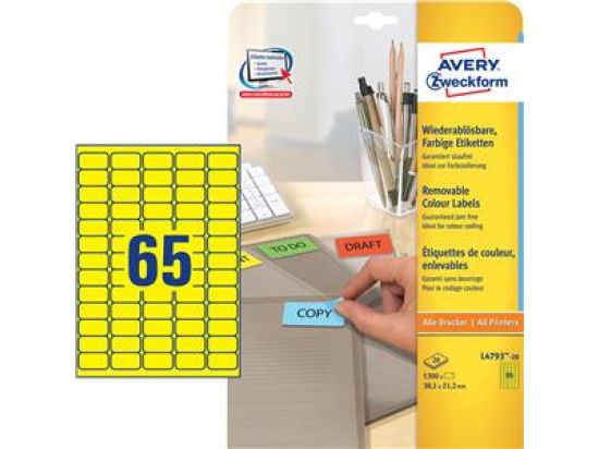 Etiketten Avery Zweckform L4793-20 38,1 x 21,2 mm gelb ablösbar, Inkjet Laser Kopierer, Pack 1300 Stk/20 Blatt