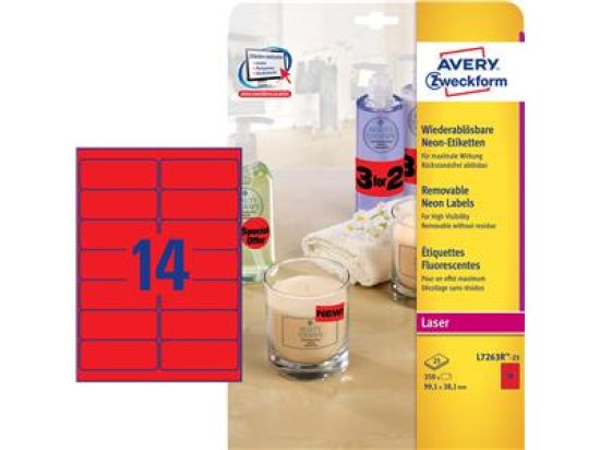Etiketten Avery Zweckform L7263R-25 99,1 x 38,1 mm neonrot wiederablösbar, Laser, Pack 350 Stk/25 Blatt