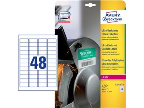 Etiketten Avery Zweckform L7911-10 45,7 x 21,2 mm weiß Folie ultraresistent, Laser, Pack 480 Stk/10 Blatt