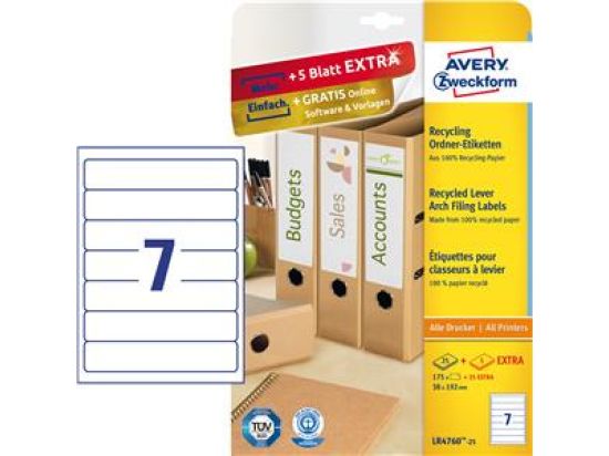 Ordner-Rückenschild Avery Zweckform LR4760-25 Recycling schmal/kurz 192x38mm, Inkjet Laser Kopierer, Pack 210 Stk/30 Blatt