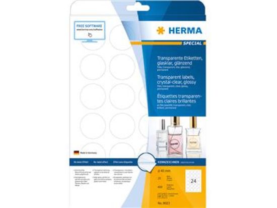 Etiketten Herma 8023 Special Ø 40 mm transparent Folie wetterfest, Laser, Pack 600 Stk