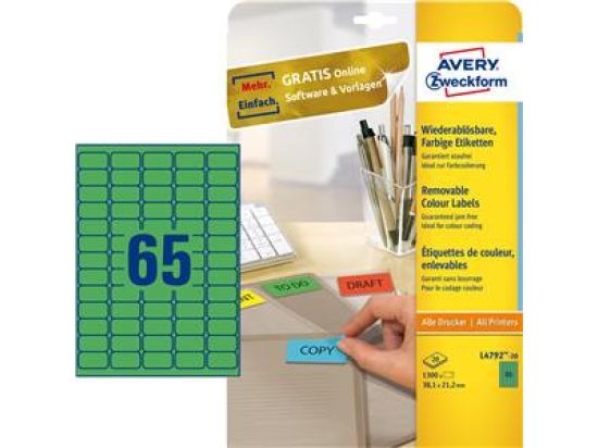 Etiketten Avery Zweckform L4792-20 38,1 x 21,2 mm grün wiederablösbar, Inkjet Laser Kopierer, Pack 1300 Stk/20 Blatt