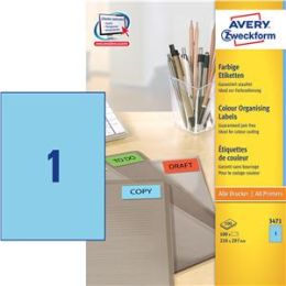 Etiketten Avery Zweckform 3471 210 x 297 mm selbstklebend, blau, Inkjet Laser Kopierer, Pack 100 Stk/100 Blatt