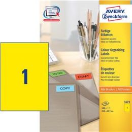 Etiketten Avery Zweckform 3473 210 x 297 mm selbstklebend, gelb, Inkjet Laser Kopierer, Pack 100 Stk/100 Blatt