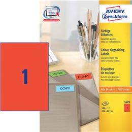 Etiketten Avery Zweckform 3470 210 x 297 mm selbstklebend, rot, Inkjet Laser Kopierer, Pack 100 Stk/100 Blatt